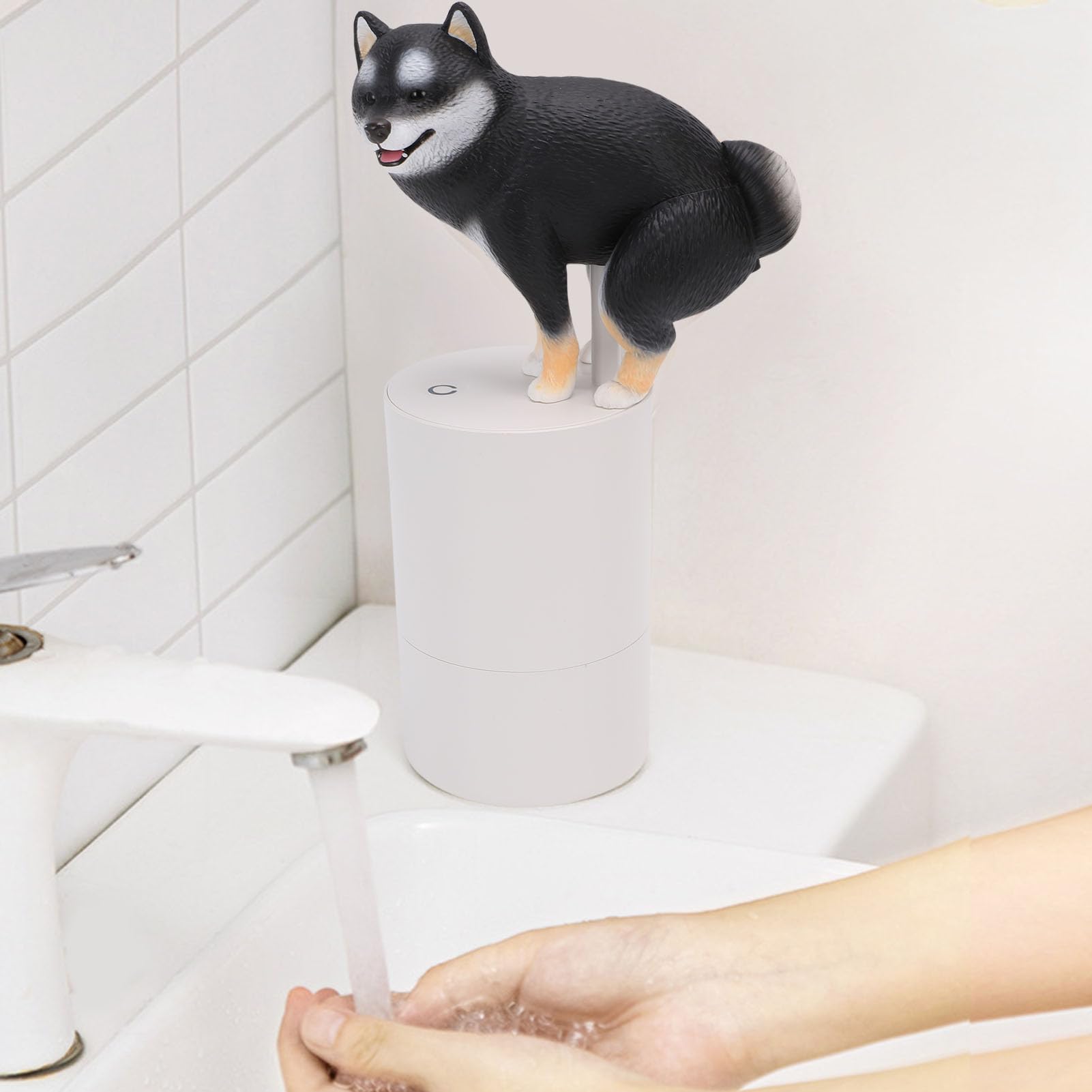 Fafeicy Dispenser Automatico di Sapone per Cani Carini, con Sensore Intelligente, Azione Schiumogena Senza, Materiale ABS a Batteria, per Uso in Bagno e (BLACK)