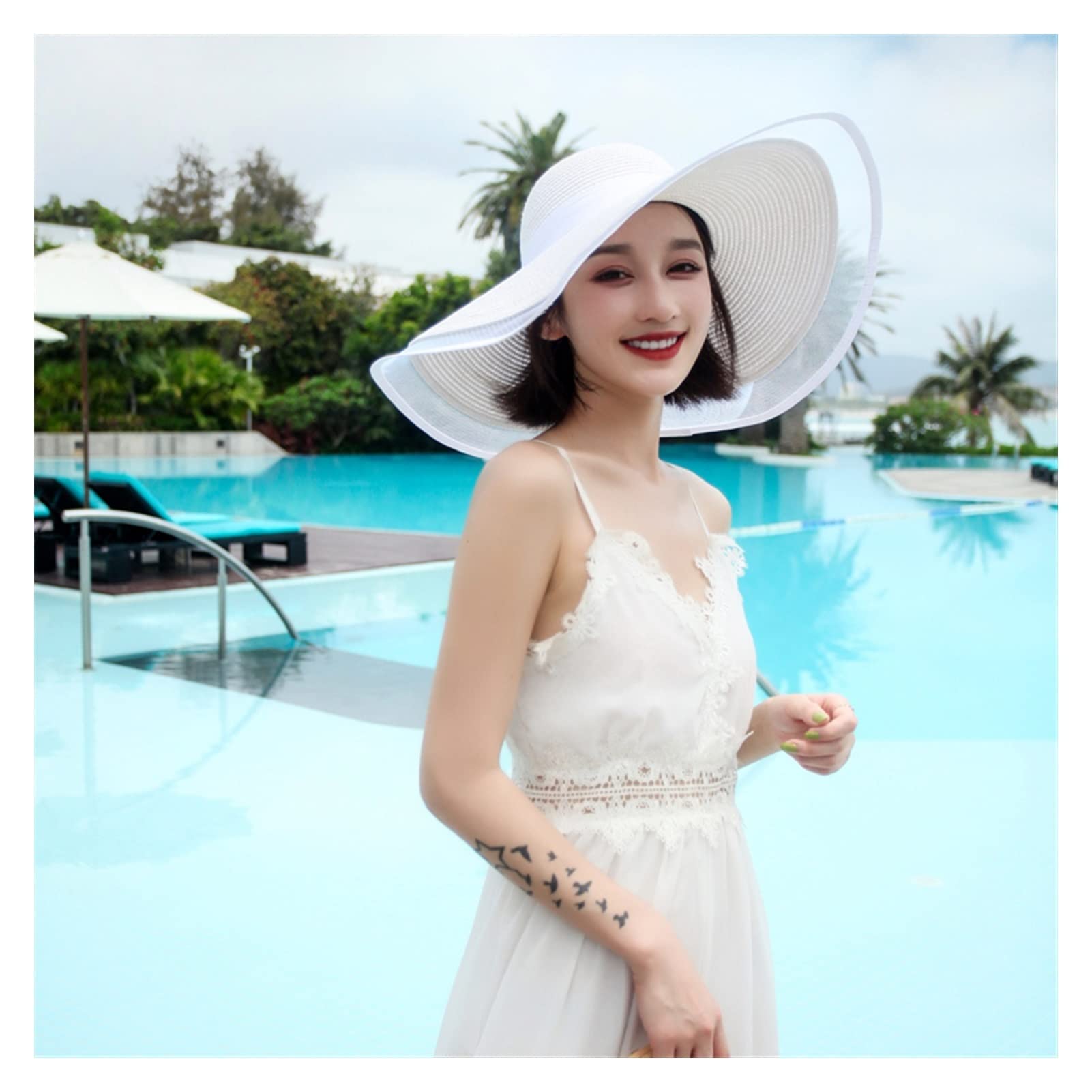 TOMYEUS Pamelas para Mujer Summer Sun Sol Berr Brim UV Protección Floppy Beach Sombrero Damas Sombrero de Paja Lace Big Brim Gat Sombrero Playa (Color : White)