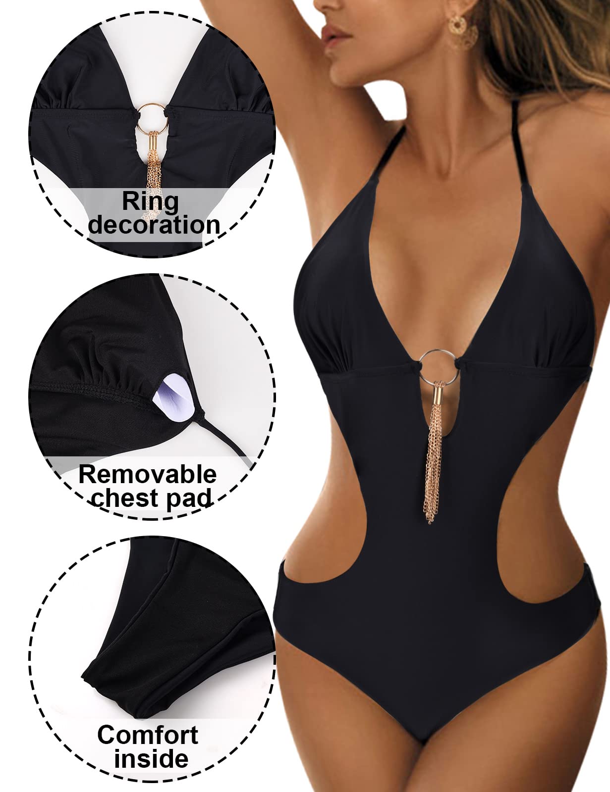 heekpek Costume Intero da Donna Scollo a V Bikini Brasiliana Sexy Halter Costume Intero Push Up con Nappe di Metallo Cut out Triangel Mare Costume da Bagno Donna Retro