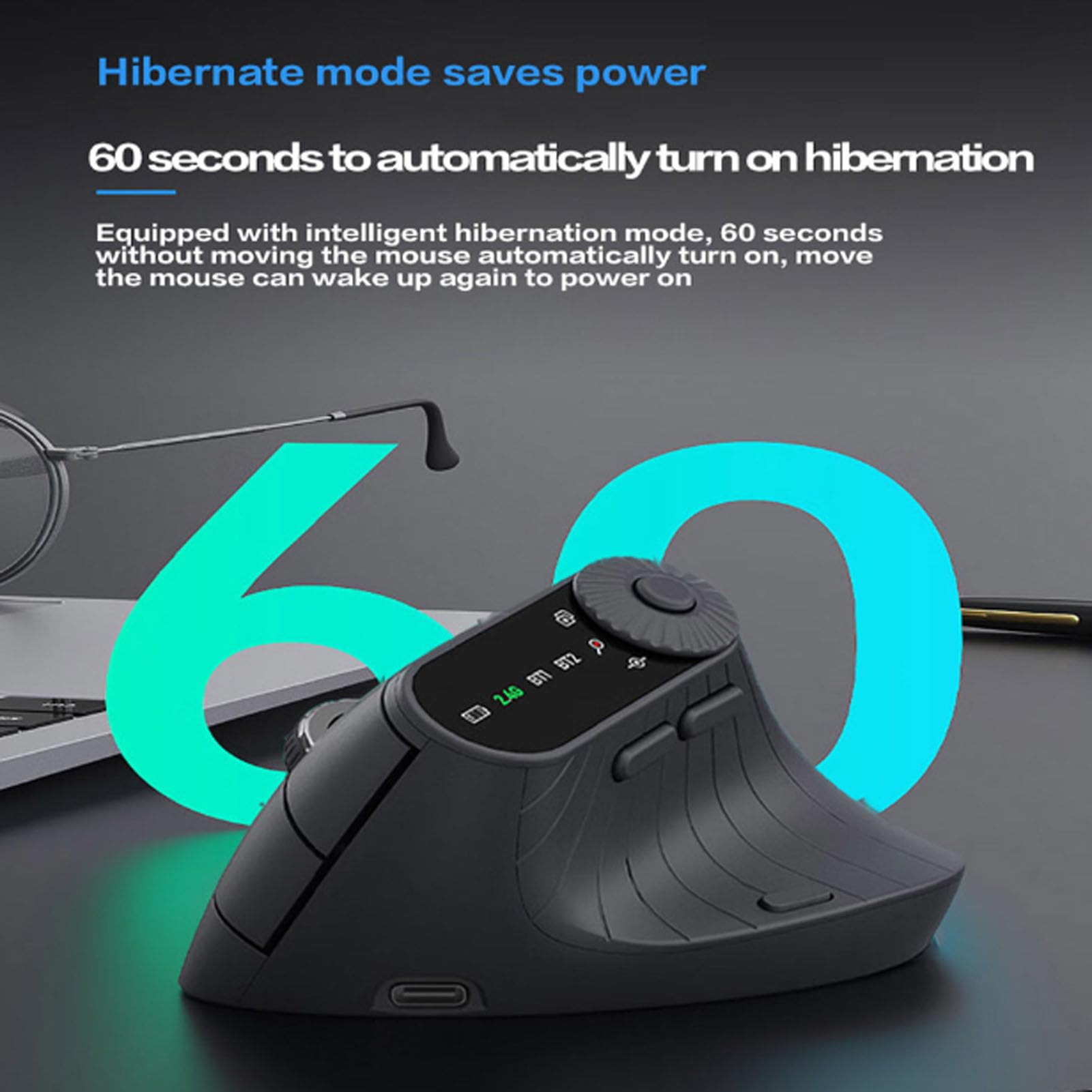 PUSOKEI Ergonomische Vertikale 2,4-G-Maus, Kabellose Wiederaufladbare Bluetooth-Maus mit Scrollrad und LED-Anzeige, 4 Einstellbare DPI, Leise Klicks für Laptop-Desktop-Computer