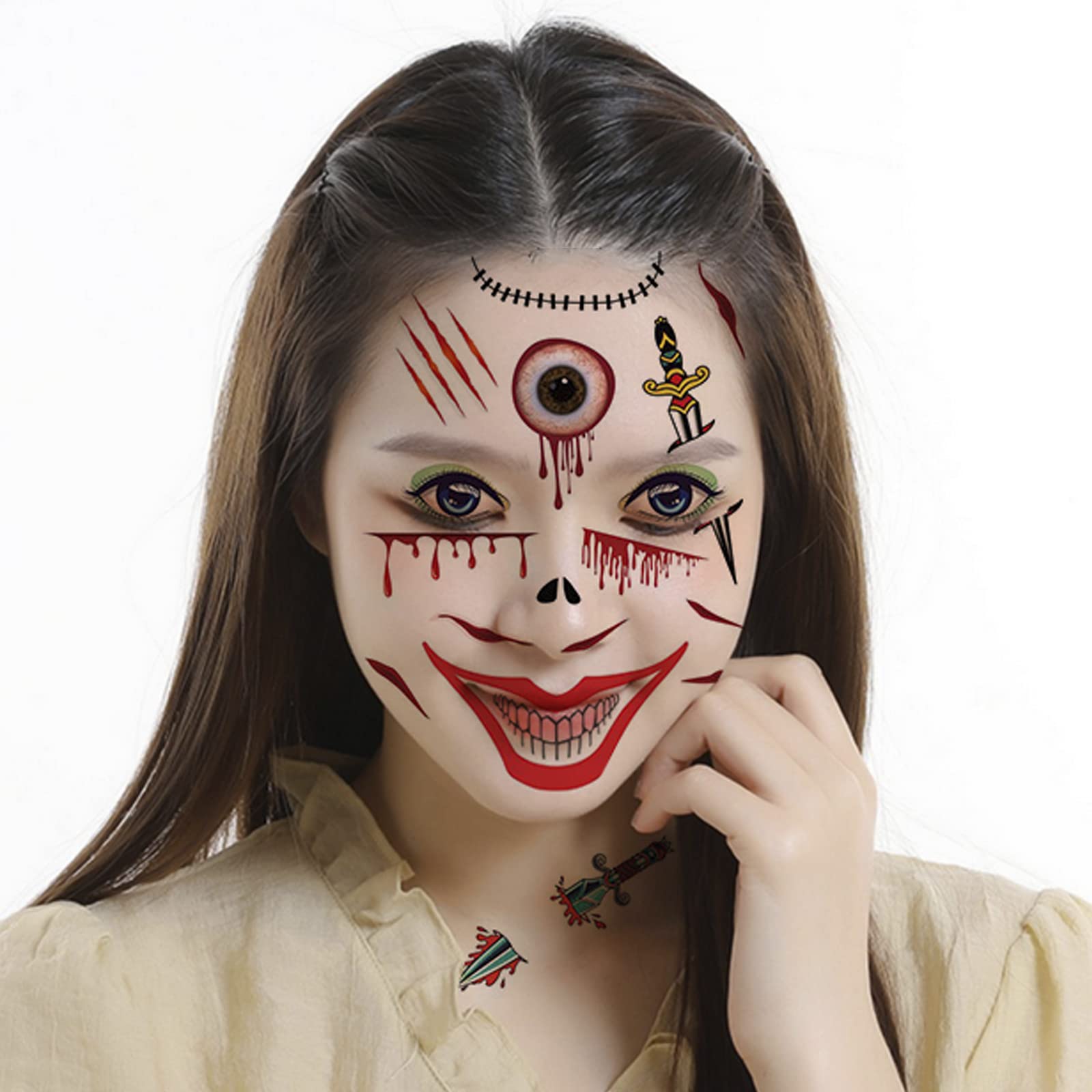 Nirbffo Halloween Face Temporary Tattoos Blade Eyeball Zombie Scars 3D Wounds Tattoos Bloody Face sticker Makeup Bleeding Fake Stickers Tattoo for Halloween Cosplay Party 9 Sheets - Image 2