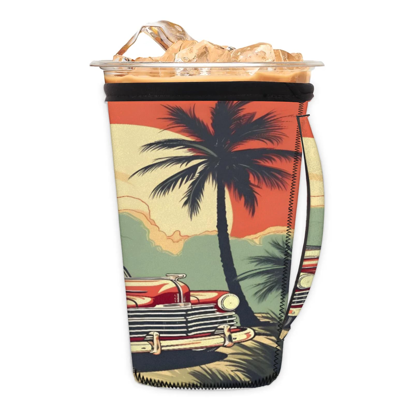 Coconut Tree Car Reusable Neoprene Coffee Sleeve with Handle Insulated Iced Coffee Cup Holder Reduces Condensation Fits 24-28 oz Cups M