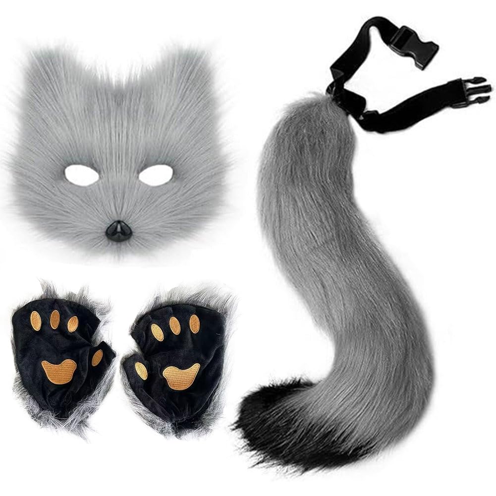Sanfly Mask Costume Set Tail and Paw Gloves Set Halloween Cosplay Costume for Masquerade Cosplay Party Halloween Therian Mask