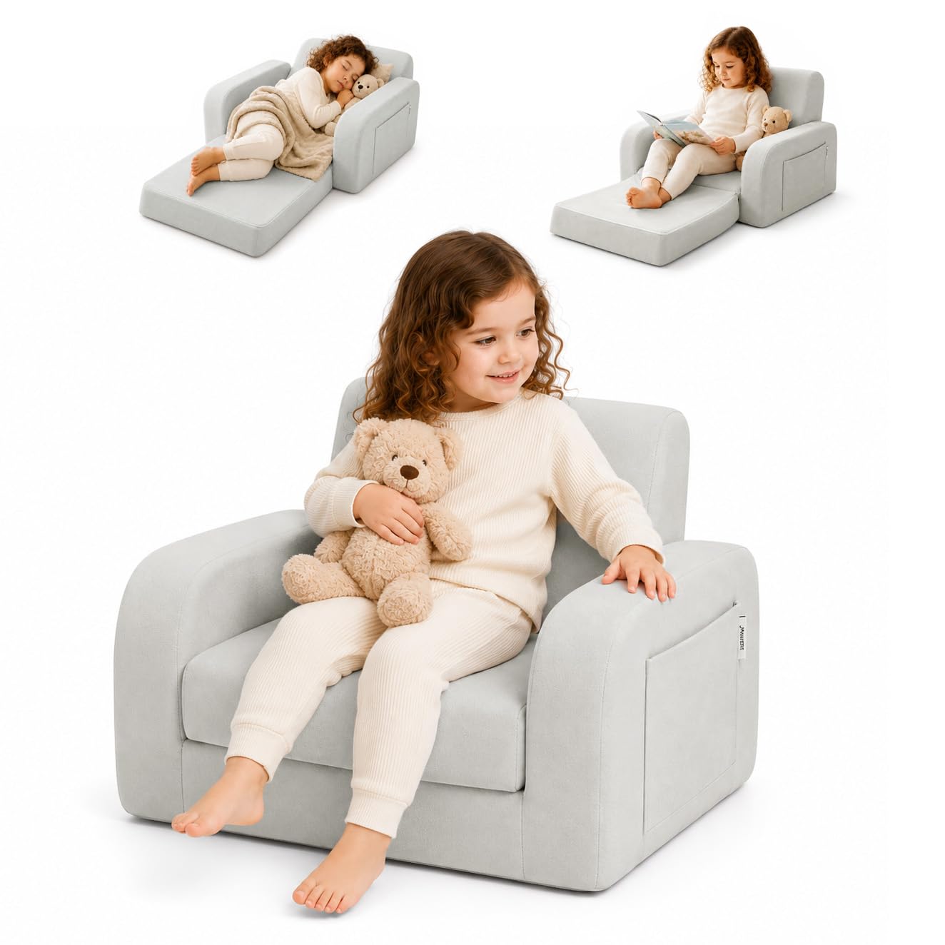 TokSay 3-in-1 Foldable Kids Chair for Toddler (Aged 1-4), Convertible Sofa to Lounger, Kids Couch Playroom & Bedroom Furniture for Children, Gray Fleece with Machine-Washable Cover (Gray)