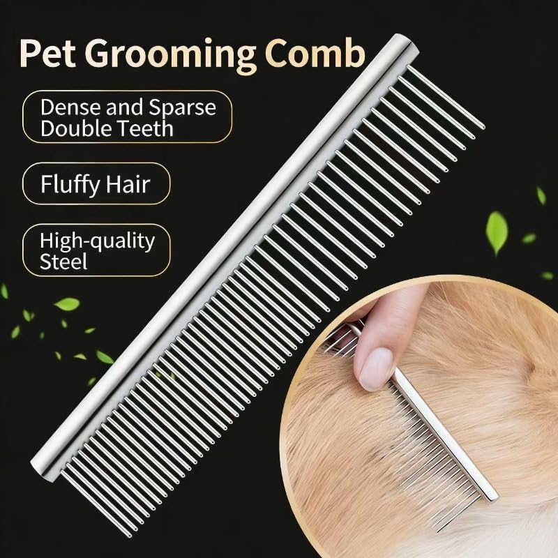 Pet Grooming Brush and Comb Set, Self-Cleaning one-key Button, Dual-Density Teeth Stainless Steel Comb for Cats and Dogs, Green