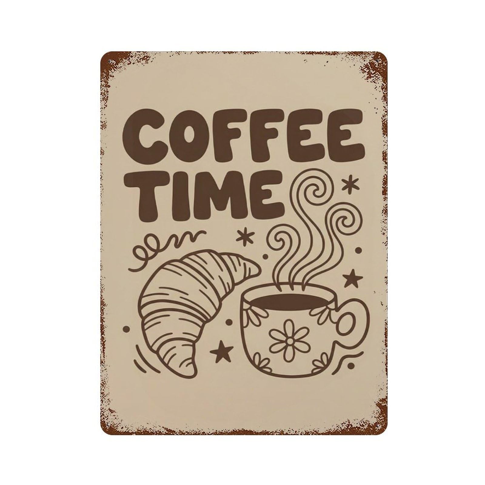 xiaoxiaoshen Coffee Time Retro Kitchen With Cup And Croissant Brown Cafe Linocut Style Wall Decor Art Metal Tin Poster Modern Home Decor Art Home Bar Shop Decorations Vintage Sign 40x30cm