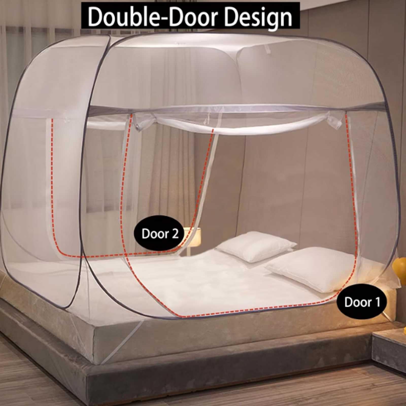 Mosquitera para Cama Matrimonio Plegable, Mosquitera De Cama Portatil Viaje con Fondo Cierre De Cremallera Doble Puerta para Camping Viaje Hogar Al Aire Libre, Instalación Gratuita