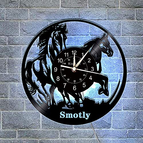 Smotly Horloge murale en vinyle, grande horloge murale rétro sur le thème des chevaux, avec fonction veilleuse 7 couleurs, décoration de la maison, horloge...