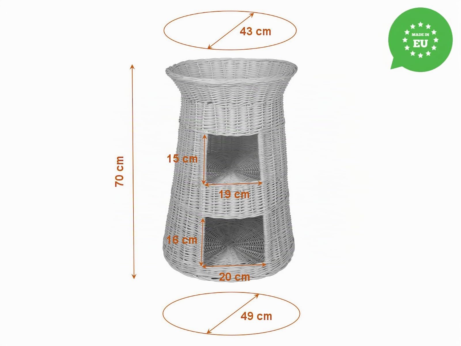 Katzenkorb zum Schlafen – Katzenhütte Indoor – Größe: 43 x 49 x 70 cm rund – Katzenhöhle aus Weide – Dreistufiges Bett für Hunde oder Katzen mit waschbaren Kissen in Ecru – Lackierter Korb