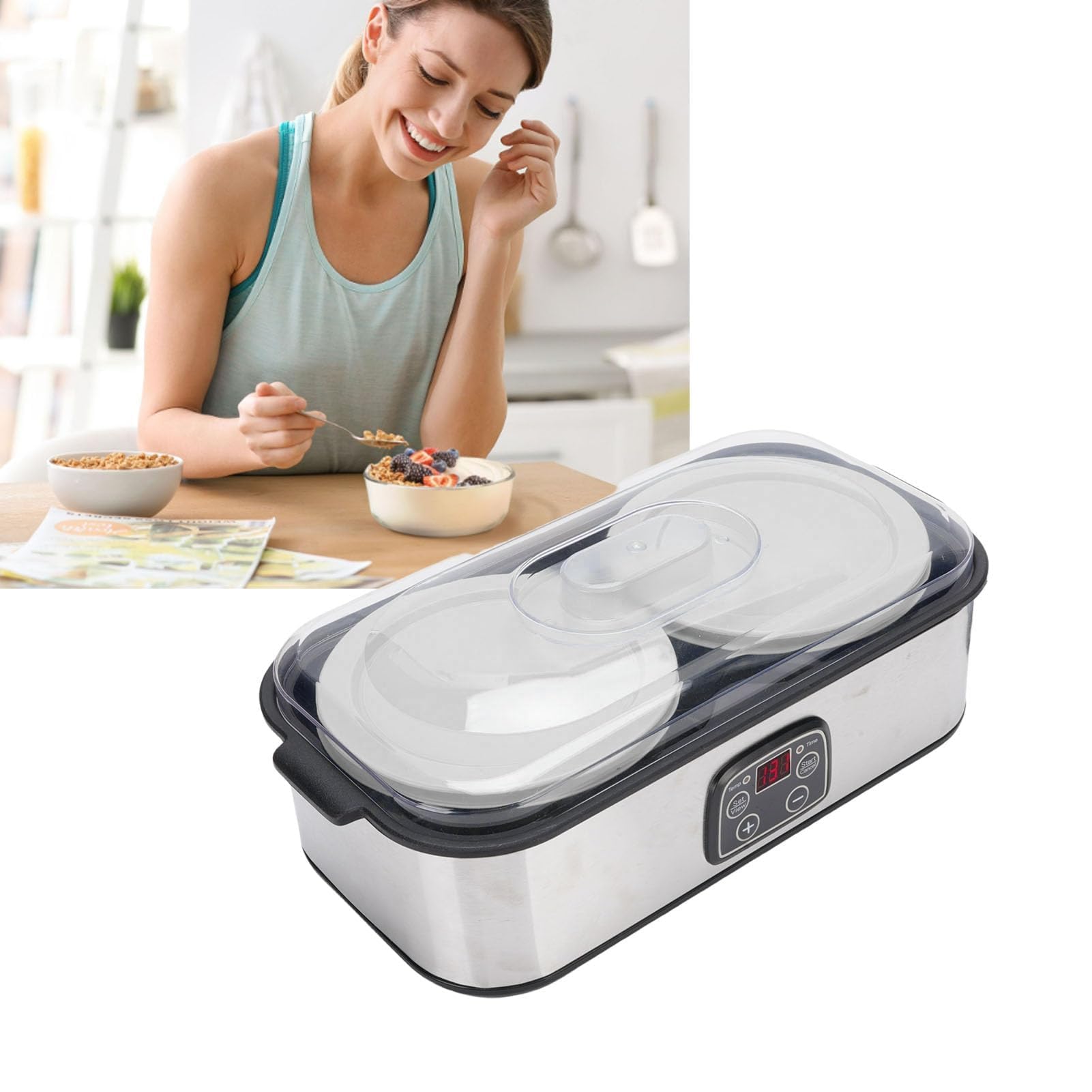 Pssopp Yogurtera Automática de 2 L con Temporizador, Diseño de Acero Inoxidable, Fermentación de 48 H y Pantalla LCD para Uso Doméstico y comercial. (EU enchufe 220V)