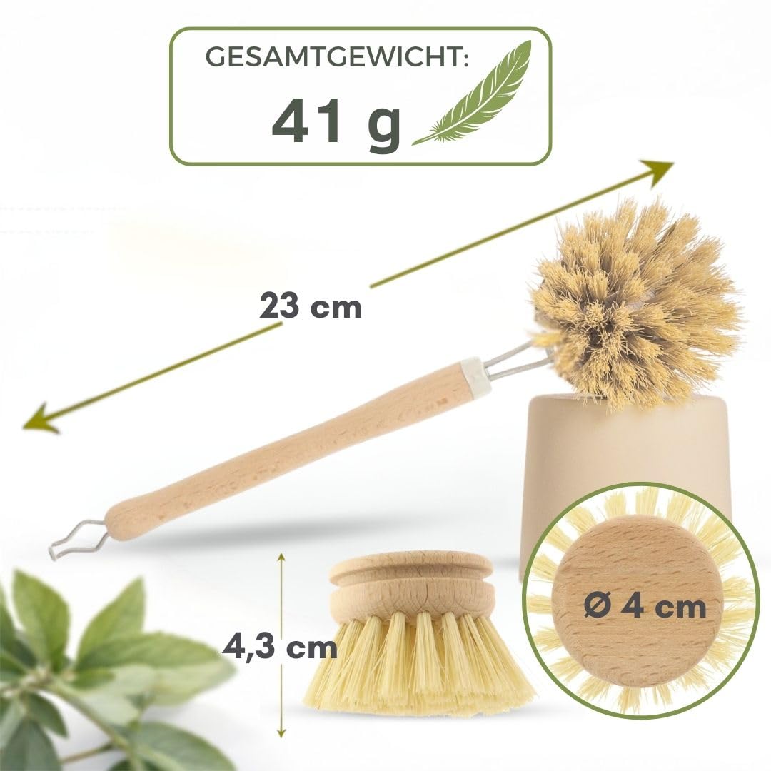 Cepillo de madera para platos con cabezal intercambiable, juego de 4, 2 cabezales de repuesto de cerdas naturales, cepillo sostenible para platos y cepillo de lavado, cepillo de cocina de madera