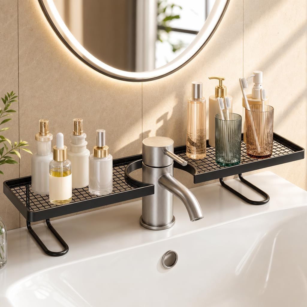 Bathroom Sink Shelf Over Faucet, Sink No-Drill Bathroom Organizer Shelf, Widened U-Shaped Groove with A Hollowed-Out Bottom Design, Kitchen Draining Organizer Rack (Black)