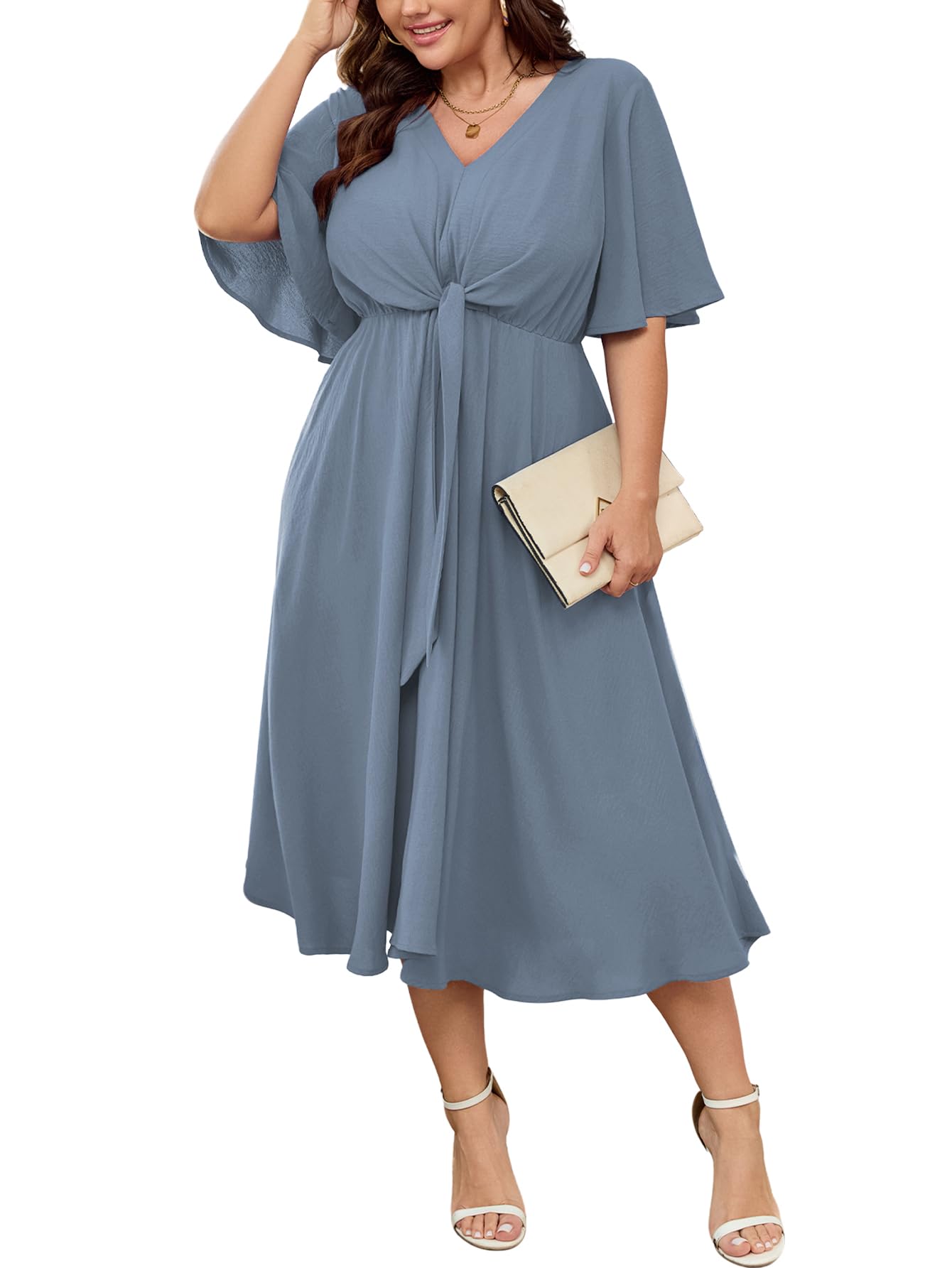 Photo 1 of 3xl. SCOMCHIC Women Plus Size Midi Dresses Wedding Guest Short Sleeve V Neck Tie Waist Casual Summer Flowy A Line Dress Grayish Blue