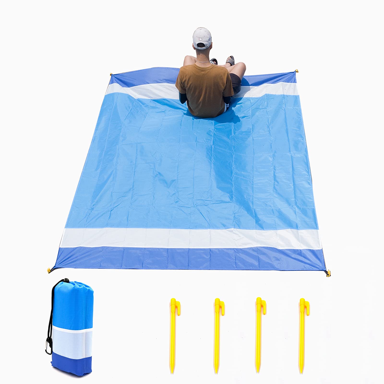 Sand Free Beach Blanket，Oversize Waterproof Beach Blanket for 4-7 Adults, Waterproof Picnic Blanket for Travel, Camping, Hiking (Sapphire-Blue White Blue)