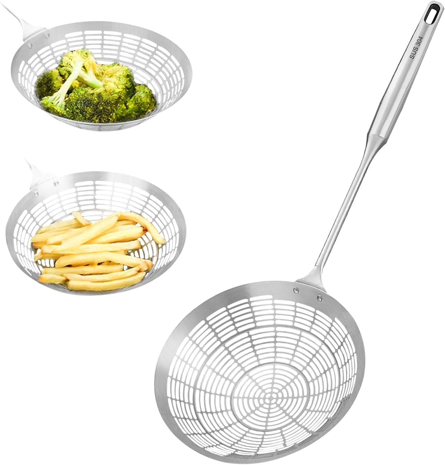 stainless steel spider strainer scoop for deep wok fat straining spoon, slotted ladle with holes,kitchen cooking utensil mesh skimmer for frying,fryer,pasta,egg,food soup,oil and grease