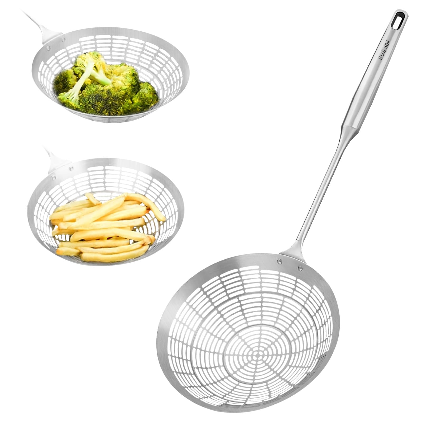 stainless steel spider strainer scoop for deep wok fat straining spoon, slotted ladle with holes,kitchen cooking utensil mesh skimmer for frying,fryer,pasta,egg,food soup,oil and grease โ image 1