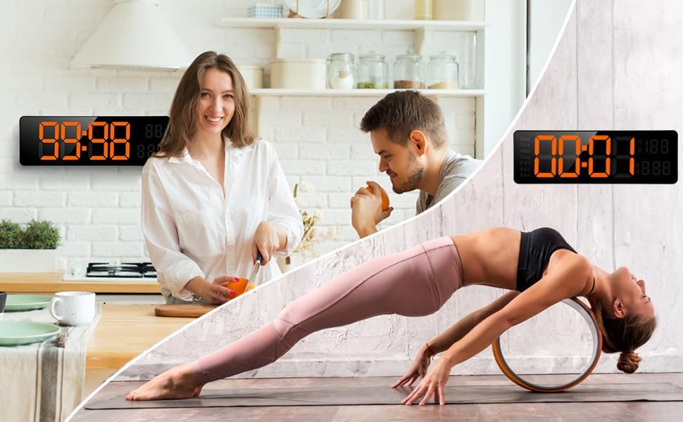 Image of 15-Inch Digital Wall Clock with Large LED Display - Remote Control, Auto-Dimming, Night Light, Date, Day, Temperature, DST Function - Ideal for Living Room, Bedroom (Orange & White)