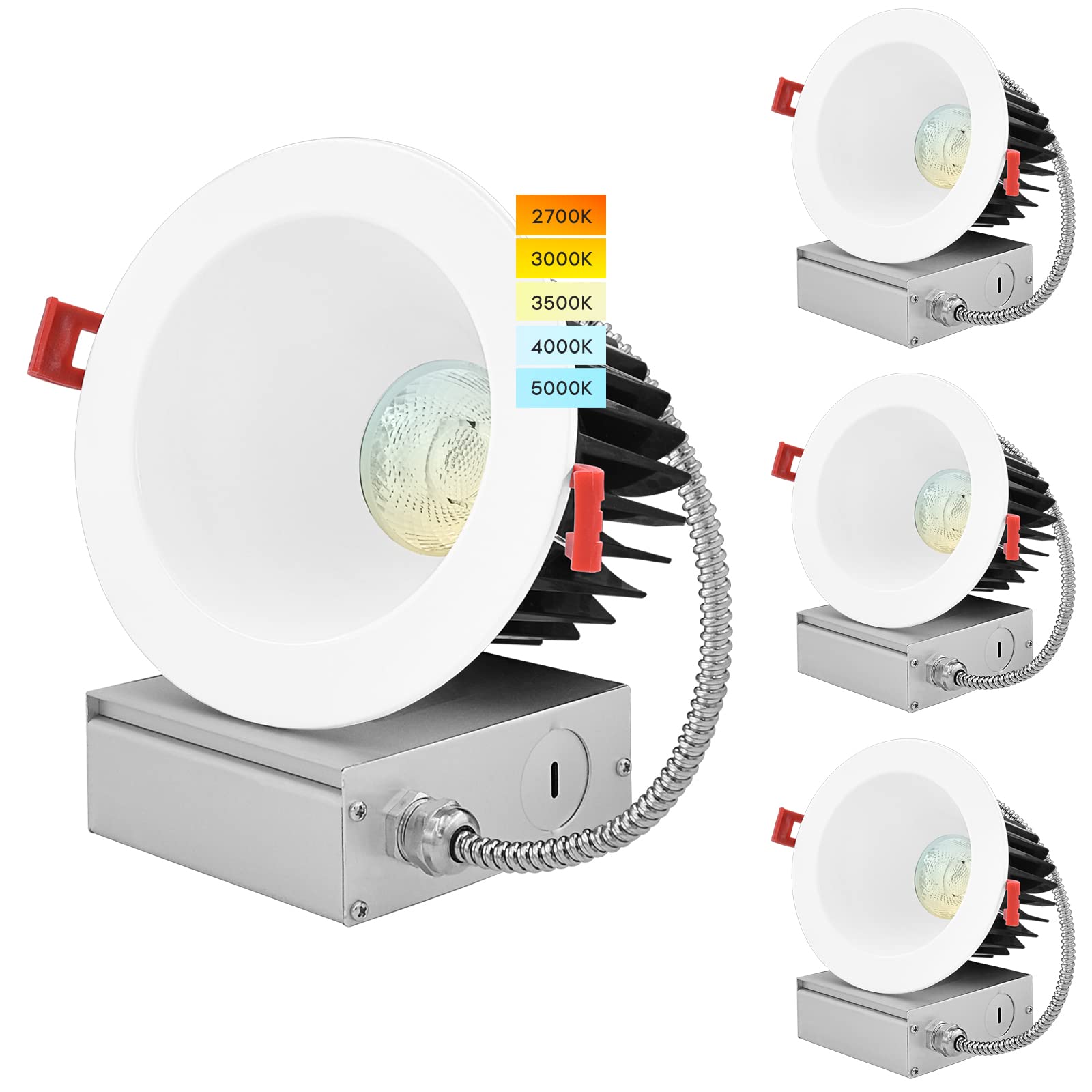 LUXRITE 4 Inch LED Recessed Lighting with Junction Box, 18W, CRI 90, 5 Color Selectable 2700K-5000K, 1500 Lumens, Regressed LED Downlight, 40°