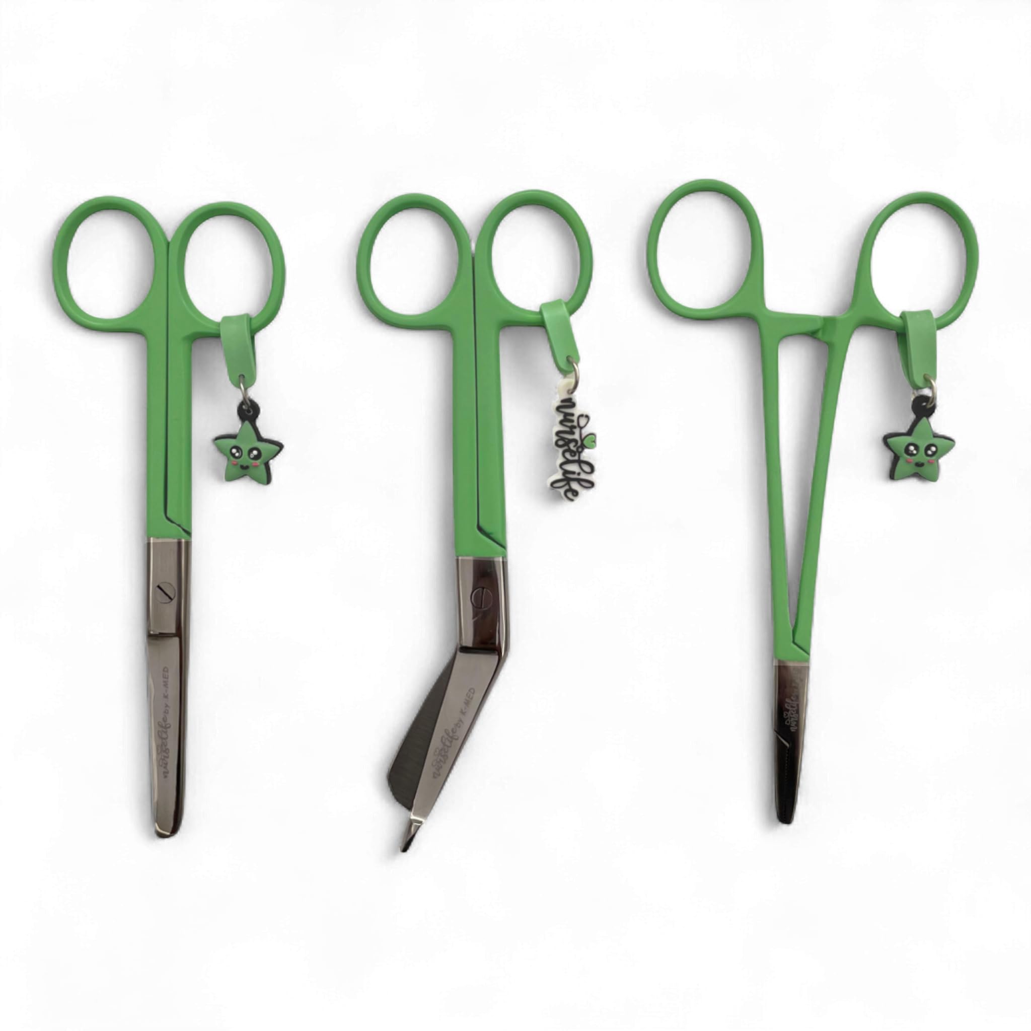 Nurse Life Set Trio 3uds Tijeras Enfermería Pico de Pato & Rectas Mayo + Pinza de Sujeción | Tijeras Punta Roma Vendaje, Accesorios Enfermera, Primeros Auxilios, Auxiliar de Enfermería (Verde)