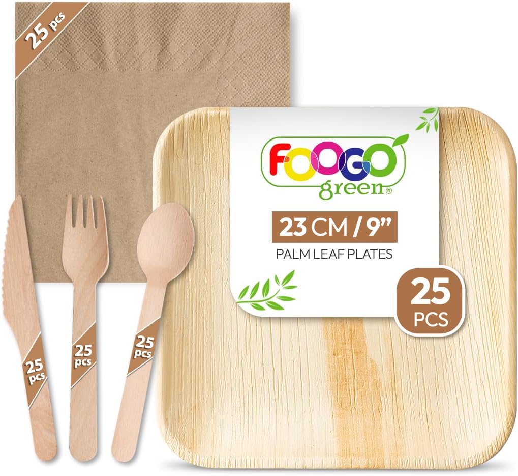 FOOGO Green 125pcs Disposable Palm Leaf Plates, FSC® Certified, Wooden Cutlery Set and Brown Napkins, 25x Large Square Plates, 25x Forks, 25x Knives, 25x Spoons, 25x Brown Napkins, Eco Friendly — image 1