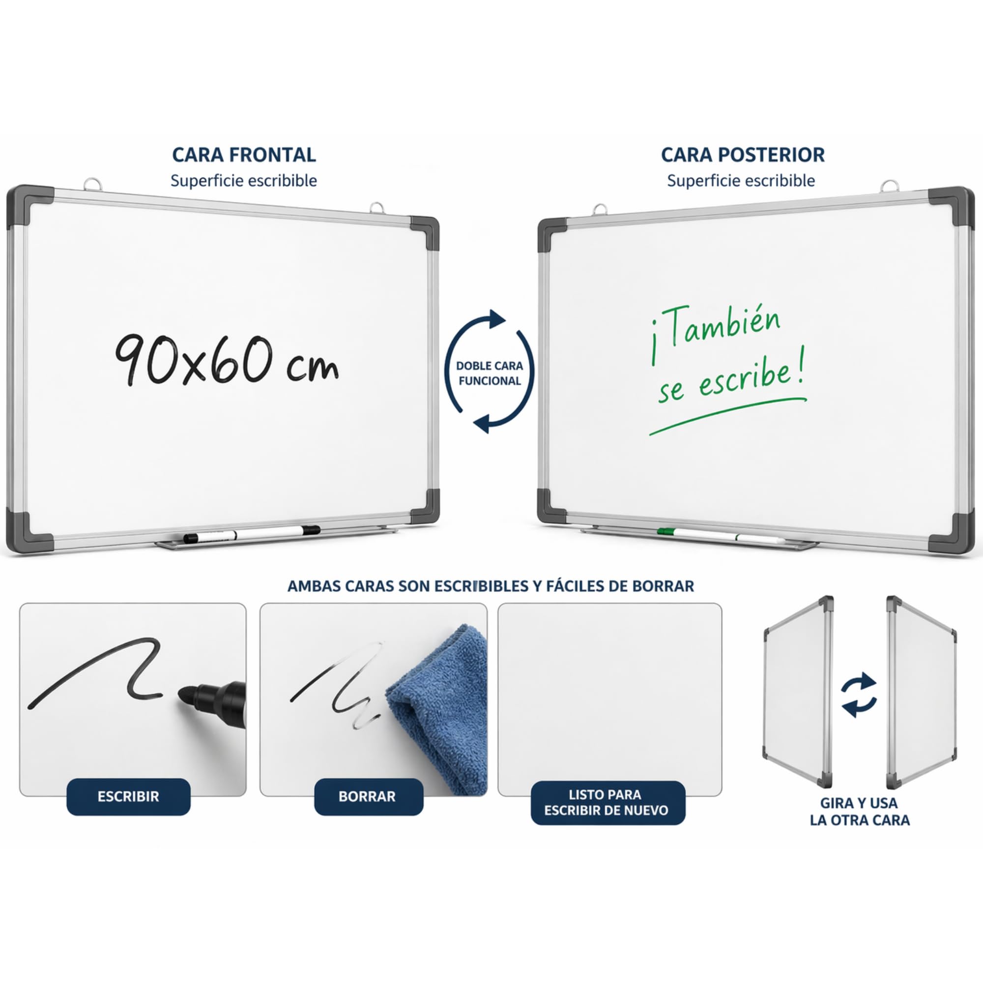 Bluelander Tablica magnetyczna, tablica magnetyczna 90 x 60 cm do suchościeralnego, łącznie z piórem, gumką, zestawem instalacyjnym i akcesoriami, doskonały rozmiar 90 x 60 cm, aluminiowa rama