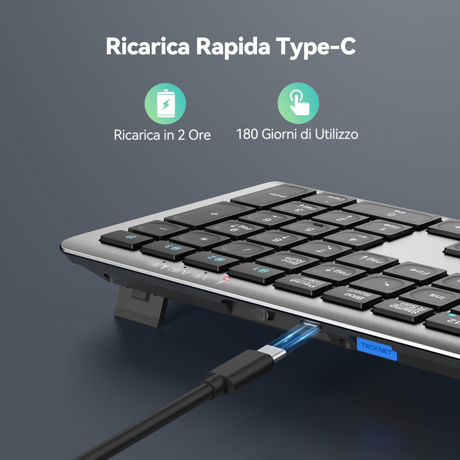 TECKNET Bluetooth Tastiera Wireless, 4 Commutazione Dispositivo(2.4G+BT), USB C Ricaricabile, Full-Size Ultra Sottile Tastiera Senza Fili per PC/Tablet/Windows/MacOS, Layout Italiano QWERTY