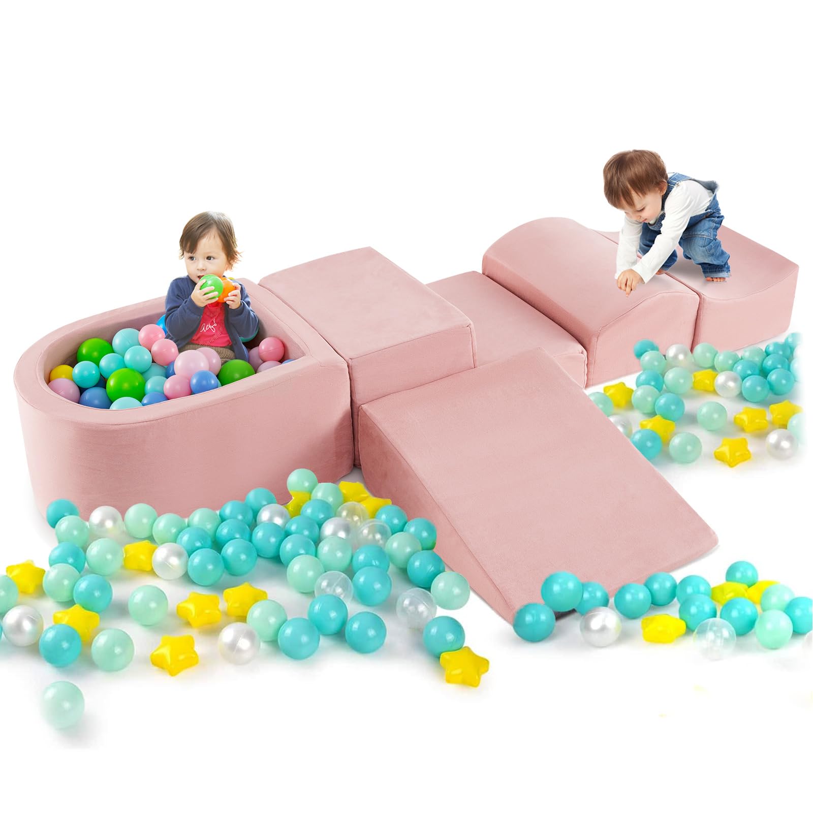 COSTWAY Juego de Escalada y Rampa de 5 Piezas, Bloque de Escalada con Piscina de Pelota Infantil, Funda Lavable a Máquina con Cremallera, Bloques de Construcción Creativos,Sin Pelotas de Mar (Beige) — view 14