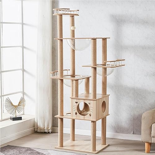 キャットタワー 猫タワー 木製 突っ張り 据え置き型 豪華 おしゃれ 透明宇宙船 爪とぎ 高さ185cm 階段 猫ハウス ネコ 省スペース キャットポール 多頭飼い ペット