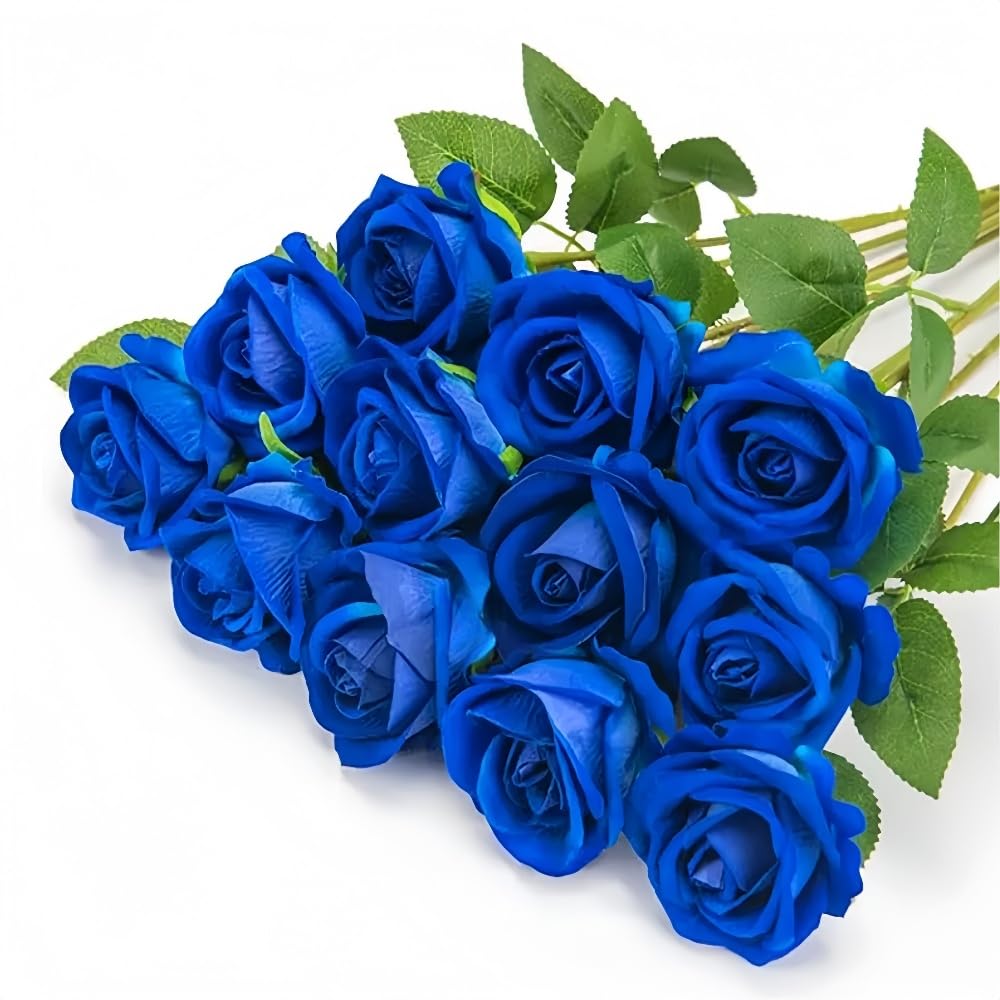 10 Pcs Artificial Roses, Blue Fake Roses Artificials Flowers, with Stems Fake Artificial Blue Rose Silk Flowers