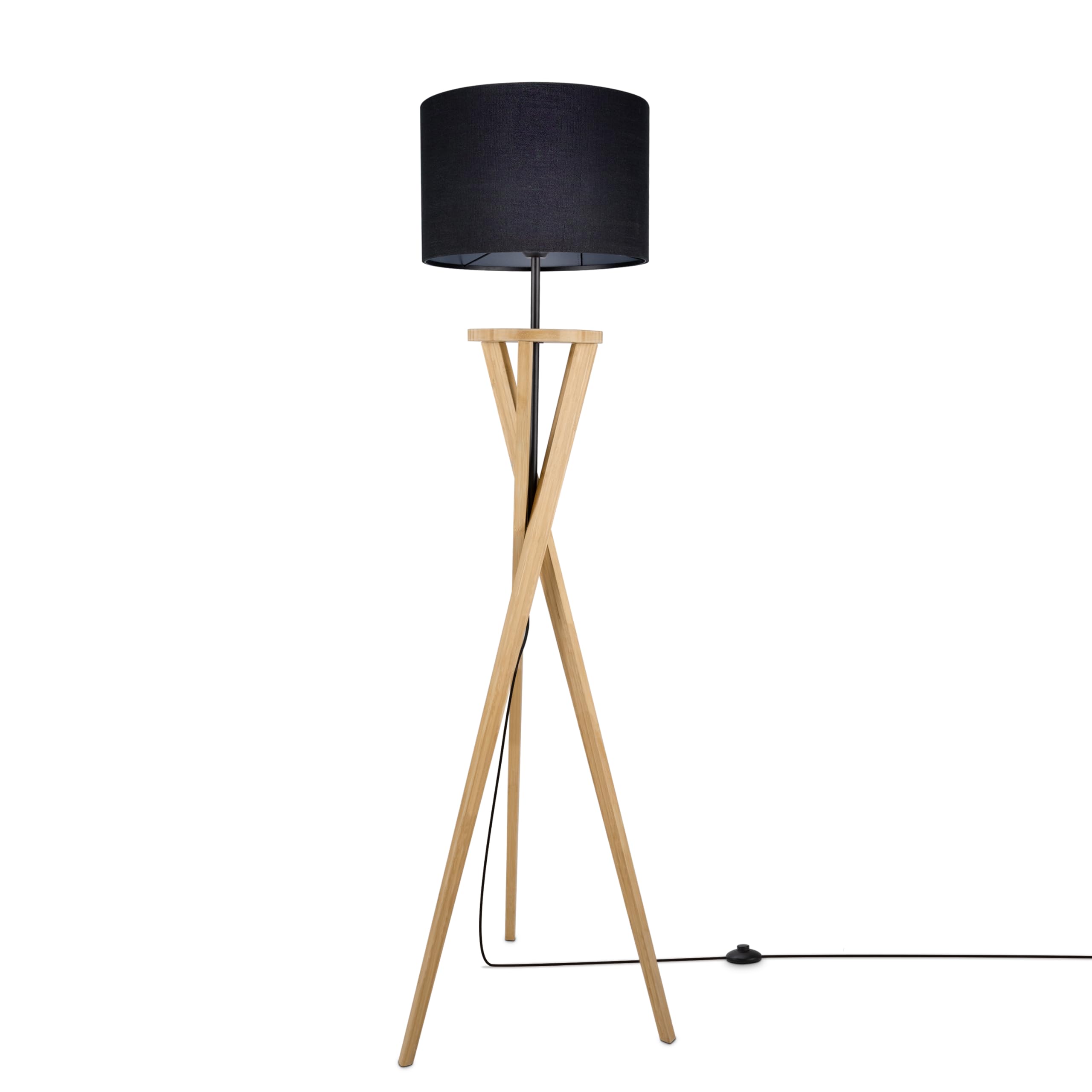 Paco Home Stehlampe Wohnzimmer Boho Optik Schlafzimmerlampe Stehleuchte Dreibein Rattan Optik Korb E27 Büro Rustikal, Farbe:Schwarz_(Ø50cm), Leuchtenart/Farbe:Stehleuchte - Bambus