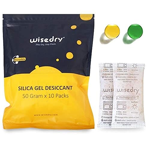 wisedry Paquete de 10 desecantes de gel de sílice de 1.76oz 10 paquetes para microondas, reactivación rápida, absorben la humedad, con cuentas