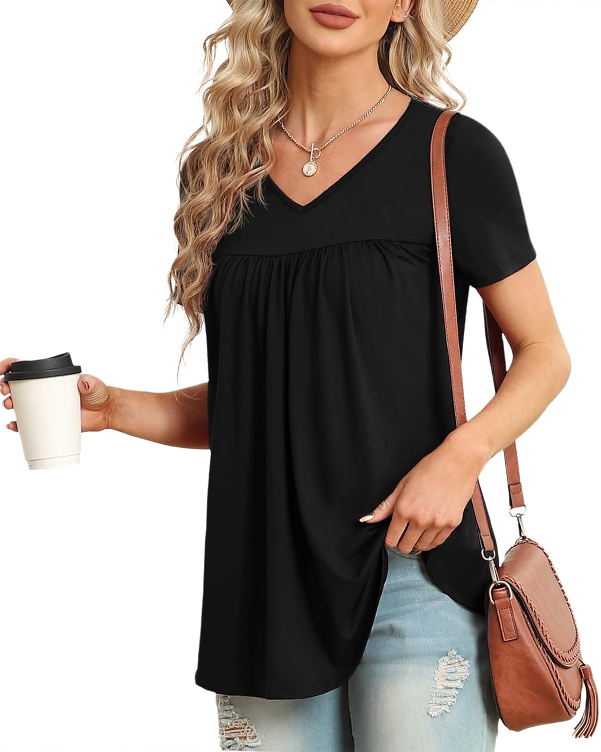 LAOLASI Womens Summer Tunic Tops 2025 V Neck Short Sleeve Shirt Casual Tee Flowy Blouse S-3XL - Image 2