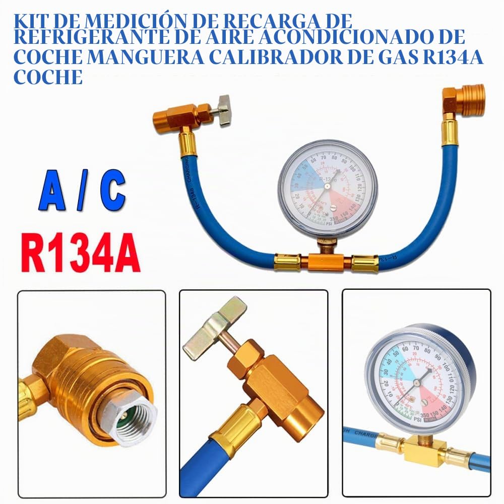 Riloer R134A AC - Kit de medición de recarga de refrigerante de aire acondicionado para coche, medidor de manguera