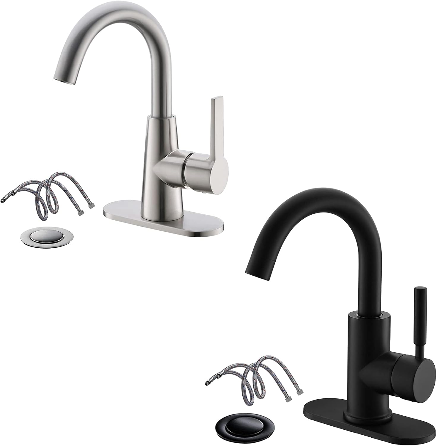 Single-Handle High-Arc Stainless Steel Faucet for Pre-Kitchen Sink/Bar Sink/Bathroom Sink by Phiestina, with 4 Inch Deck Plate and Supply Hoses