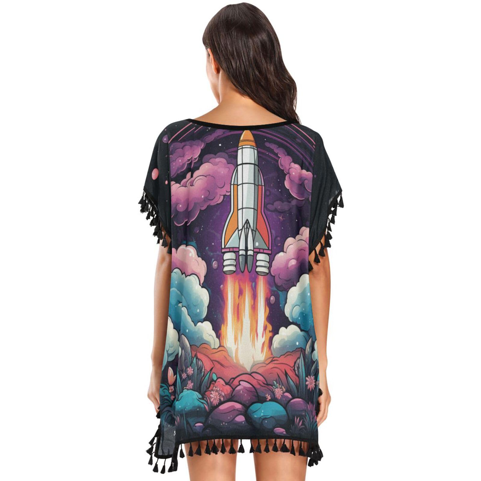 Cartoon Space Art Spaceship Women's Beach Cover Up Chiffon Tassel Swimwear Swimsuit Coverups for Girl