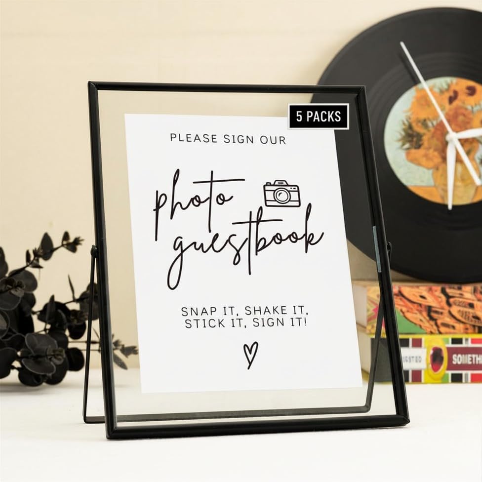 Image of Calculs 5-Pack Photo Guest Book Sign, 8x10 Black Floating Picture Frame | Double glass metal frame, fits 6x8 insert, photo guest book station, reusable tabletop frame for signs and photos