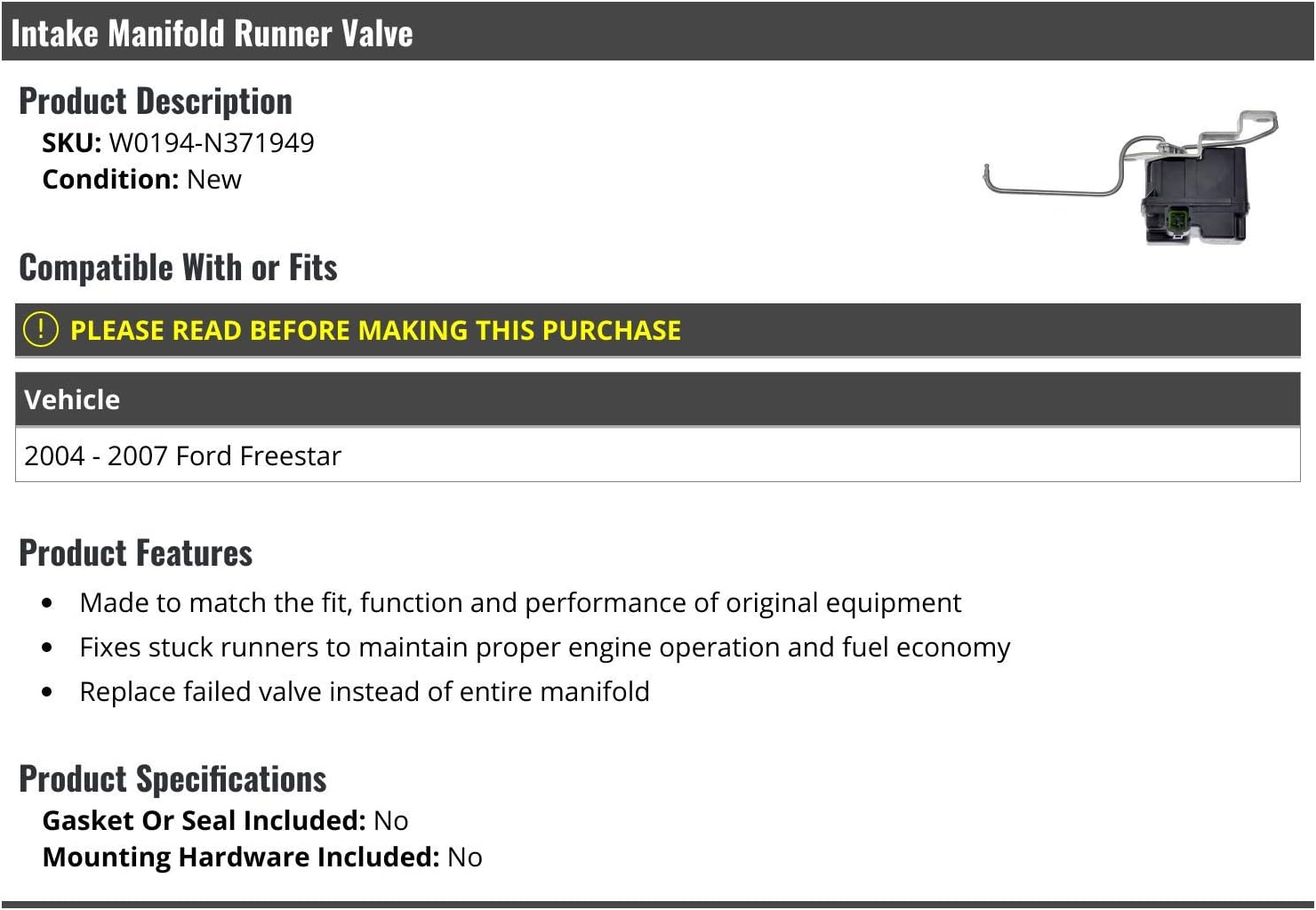 Intake Manifold Runner Valve - Compatible with 2004-2007 Ford Freestar