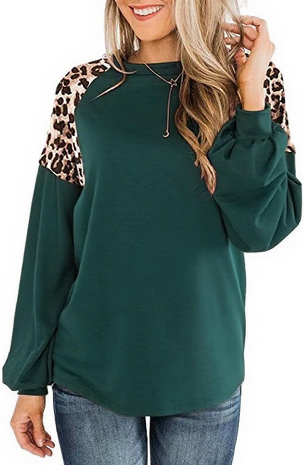 Womens Leopard Print Long Sleeve Shirts Fall Casual Crewneck Color Block Tops Sweatshirts - Image 2