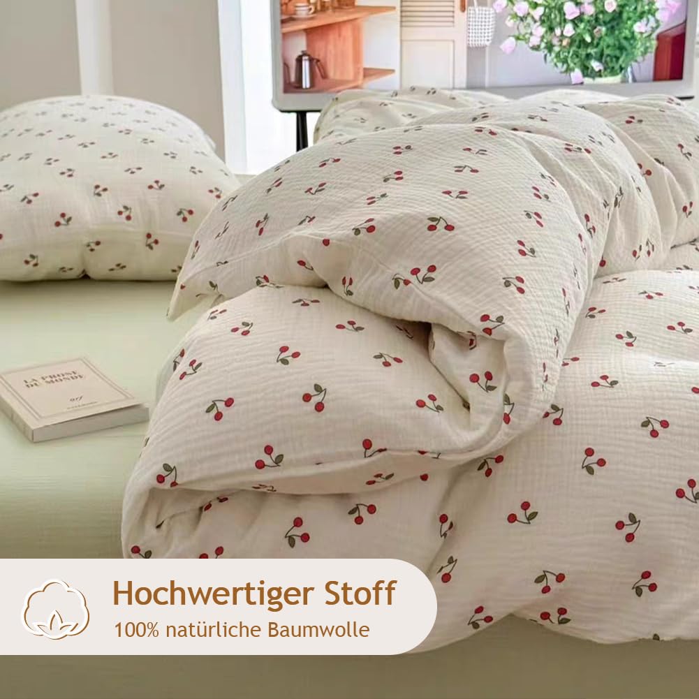 AShanlan Biancheria da letto per bambini 135x200 in mussola di cotone, biancheria da letto per bambini ragazze 135 x 200 cm + federa 40x80 cm, motivo ciliegie rosse, certificato Oeko-TEX, copripiumino