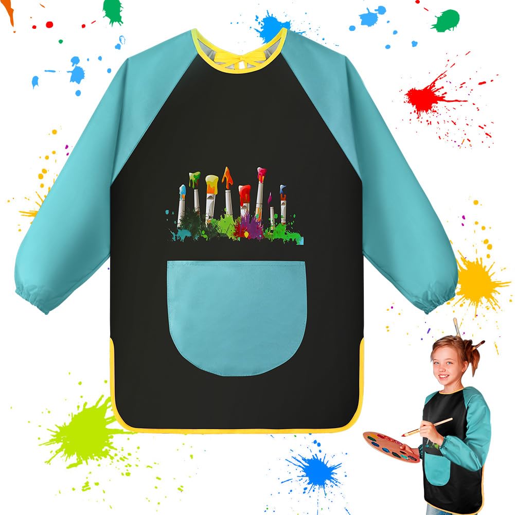 OSDUE Delantal Infantil Colorido e Impermeable de Manga Larga Con Bolsillos, Para Pintar y Cocinar (Niños de 7 a 12 Años)