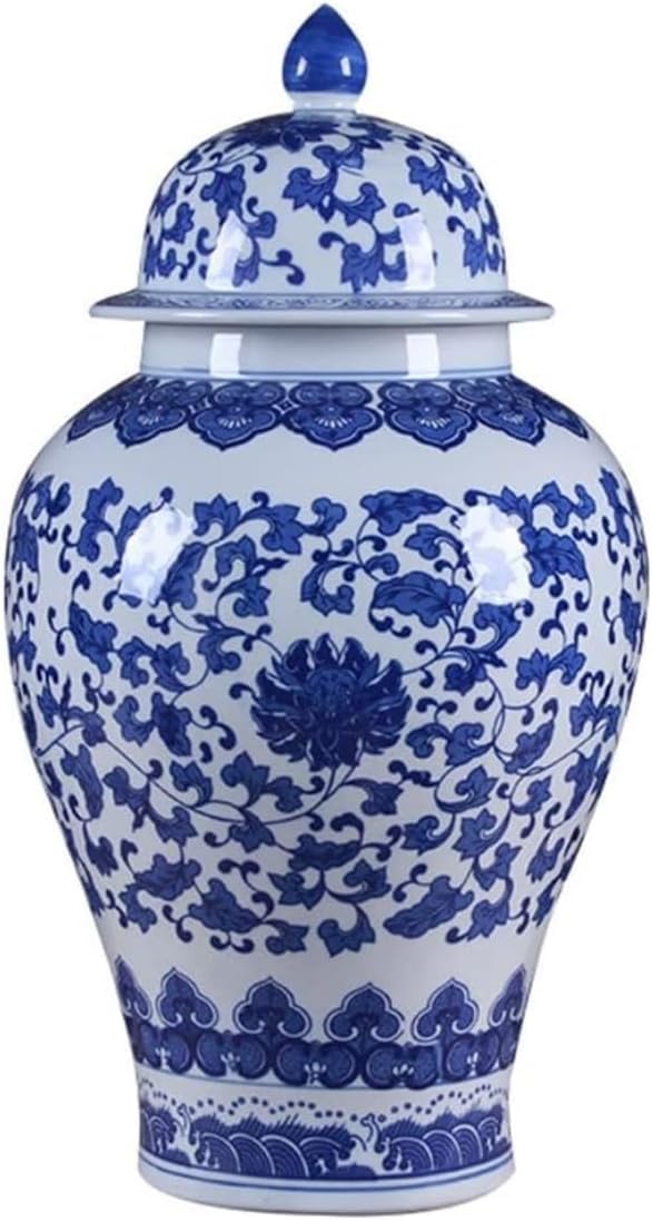 Vase Tabletop Ginger Jar for Decorative Ceramic Blue and White with Lid for Decoration Antique Dried Flower Table Decoration(28 * 48cm)