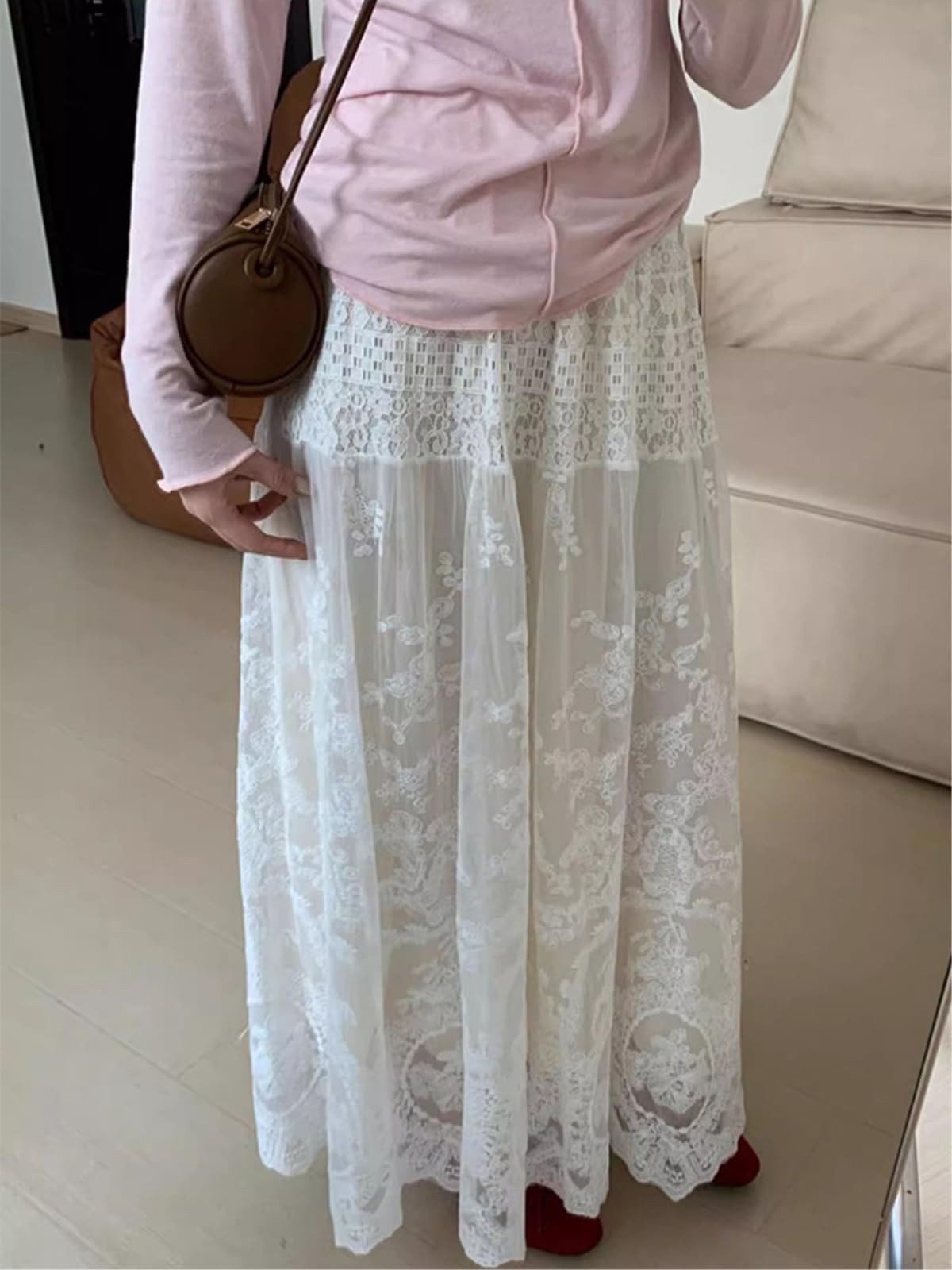 Gonne Donna Abito Maxi in Pizzo Bianco, Gonna Vita Alta A-Line, Abbigliamento Primavera Estate Stile Bohemian