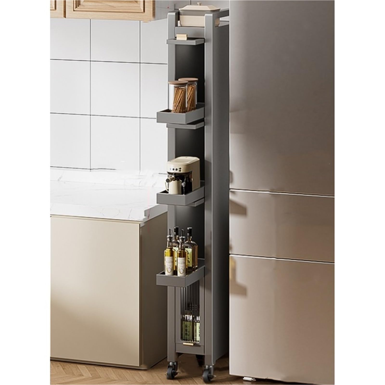 Gabinete de almacenamiento de cocina delgado con puertas acrílicas, carrito de despensa alto y estrecho con ruedas, ahorro de espacio para comedor y cocina (30 x 40 x 163 cm), ideal para espacios