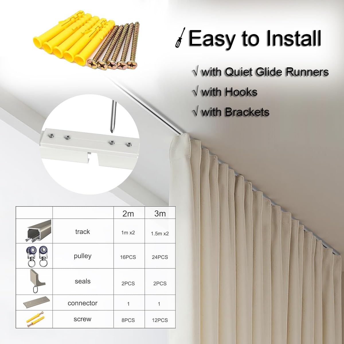 Rodillos de aluminio ain Track 501500 CM para pared lisa/barra de cortina Easy Inll para privacidad (600 cm) versátil y