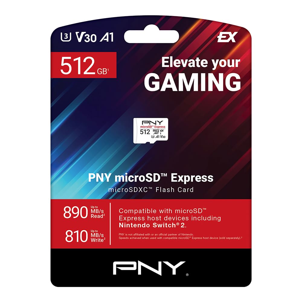 PNY Scheda microSD™ Express 512GB UHS-I U3 V30 A1, fino a 890MB/s in lettura e fino a 810MB/s in scrittura, ideale per dispositivi compatibili con microSD Express come Nintendo Switch 2