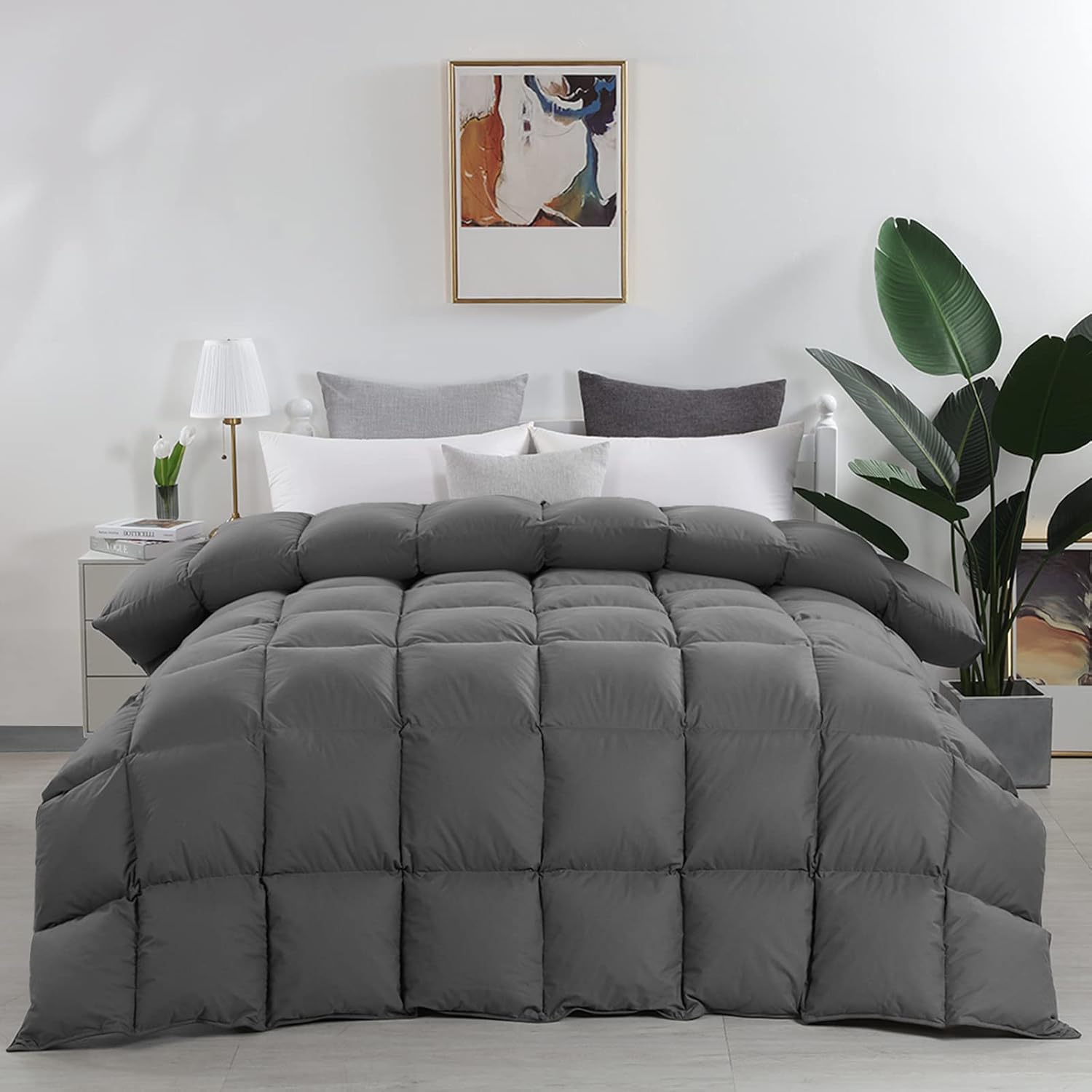 HOMBYS Goose Down Feather Comforter Queen Size Grey Duvet Insert, Extra