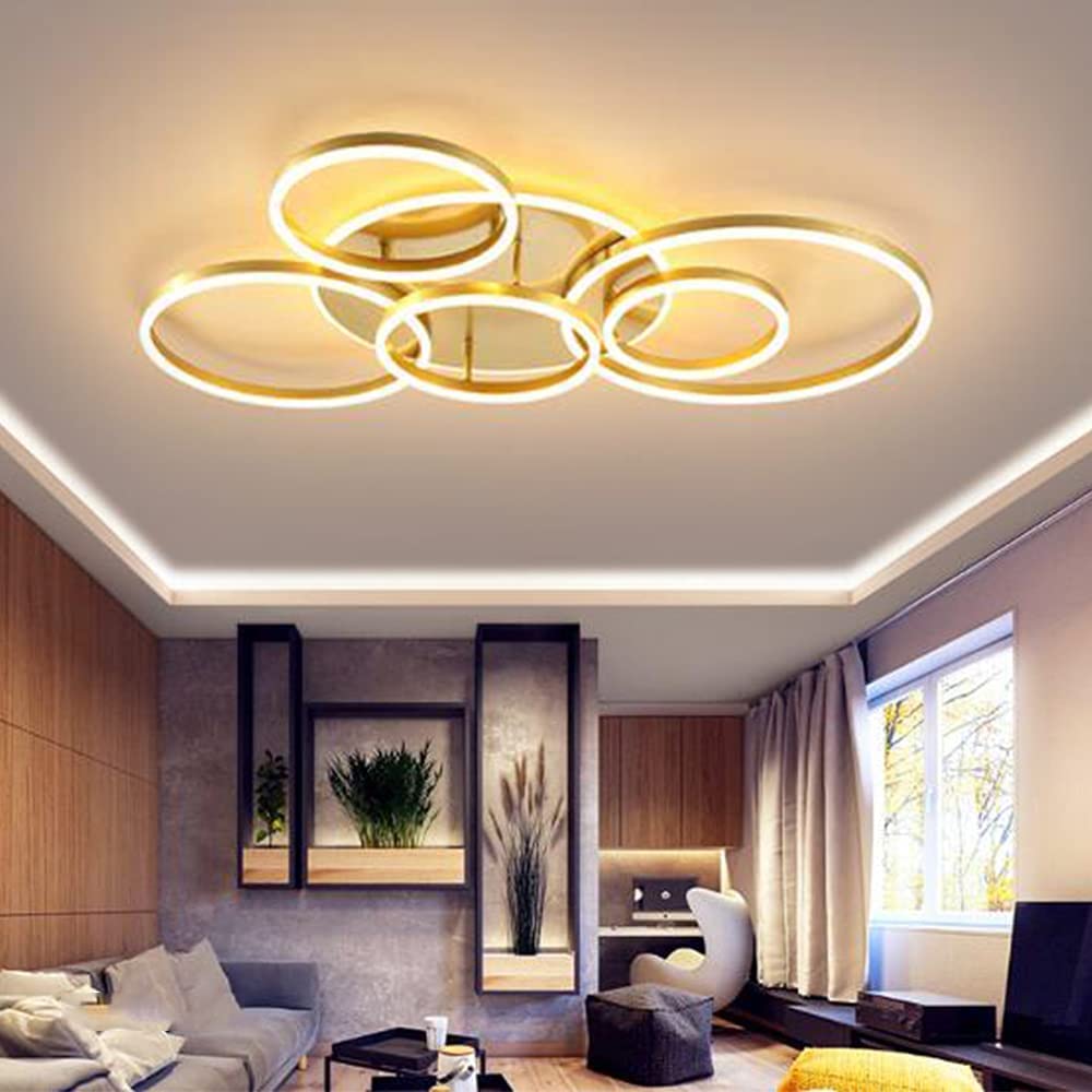 FUMIMID Modern Ceiling Light LED Ring Ceiling Lamp Dimmable Living Room Lamp with Remote Control Acrylic Lampshade Aluminum Design Bedroom Dining Room Kitchen Office Lamp Chandelier, 6 Heads,Gold