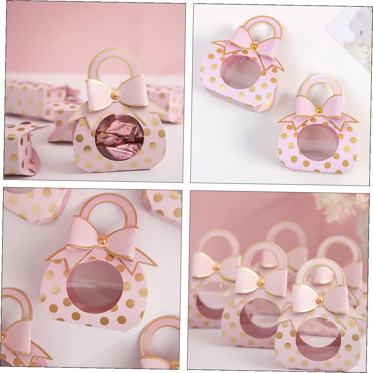 BESPORTBLE 50 Pezzi Souvenir Box Manico e Fiocco Elegante in Carta Rosa 6,5x3,5x13 Cm per Nozze e Party