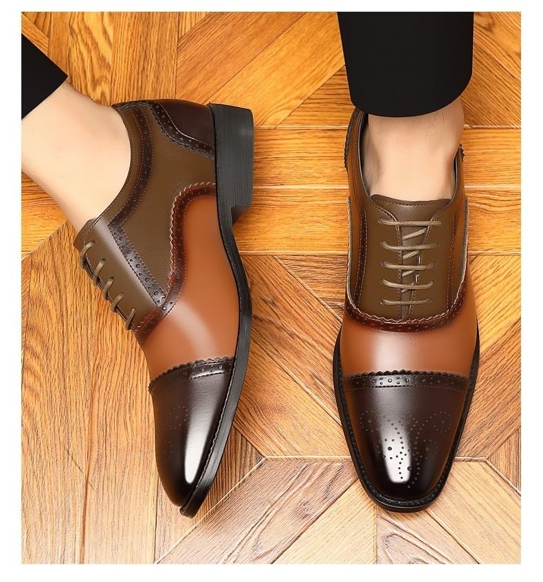 HOOENG Dress Oxford Shoes for Men Lace Up Square Toe Brogue Cap Toe PU Leather Oxford Shoes Slip Resistant Anti-Slip Low Top Prom(Color:Brown and Yellow,Size:7)4