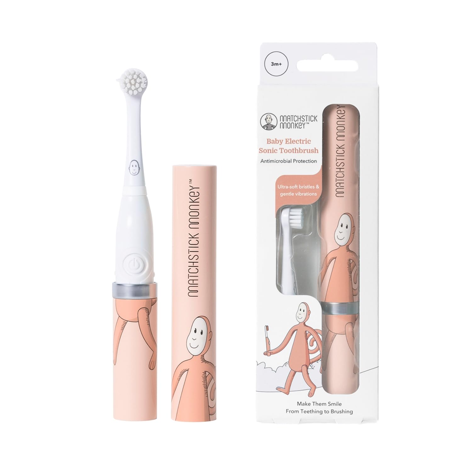 Matchstick Monkey Baby Electric Sonic Toothbrush, Antimicrobial Protection, Suitable from 3 Months, Dusty Pink